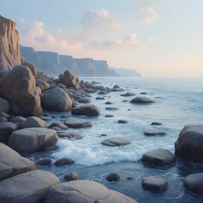 The primary subject of the image is a rocky shoreline with a body of water in the background. The setting includes a rocky cliff, a beach, and a body of water. The visual style of the image is digital art, as it appears to be a painting or drawing created using digital tools. The colors and mood of the image are predominantly dark and moody, with the rocks and water creating a dramatic and atmospheric scene.